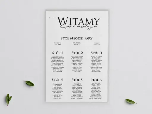 Elegancki plan stołów DIY z listą gości weselnych, podzielony na sześć stołów.