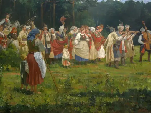 Tłum ludzi w strojach ludowych świętuje, muzycy grają, a dzieci tańczą. Obraz oddaje staropolskie zwyczaje weselne.