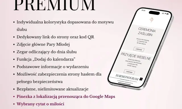 Telefon z wyświetloną stroną ślubną z informacjami o ceremonii i przyjęciu weselnym.