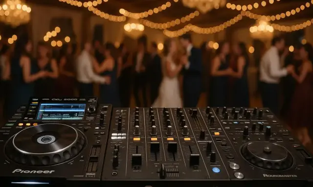 DJ sprzęt gotowy do akcji. W tle weselne tańce i migoczące światła. Czas na pytania do DJ-a o ulubione kawałki!