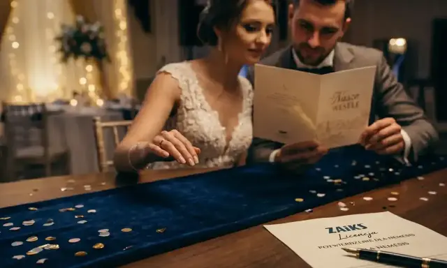 Para młoda przegląda dokumenty, w tym licencję ZAIKS. Na stole konfetti i pióro.