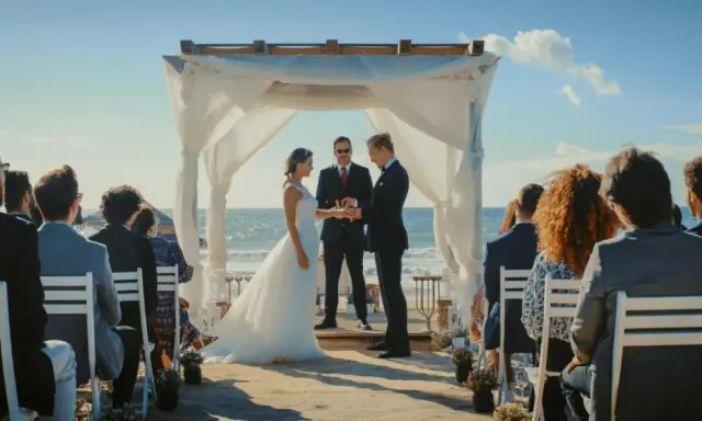 Para, panna młoda i urzędnik podczas ślubu bez zapowiedzi na plaży. Goście siedzą na krzesłach.