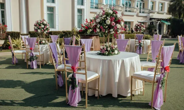 Eleganckie dekoracje na ślub: złote krzesła z fioletowymi szarfami i bukietami kwiatów wokół stołów, tworzące romantyczną atmosferę.