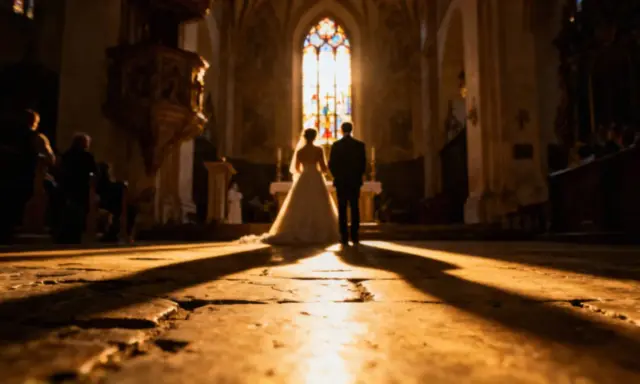 Para młoda stoi przed ołtarzem w kościele, w promieniach słońca. W tle witraż. Piękny moment, jak z psalmy na ślub.