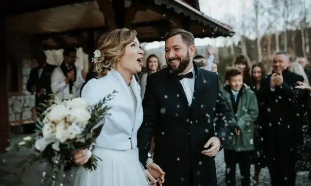 Para młoda wychodzi z kościoła, obsypana konfetti. Mimo że to najgorszy miesiąc na ślub, ich uśmiechy rozświetlają zimny dzień.