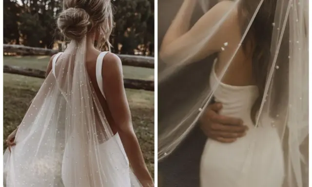 Elegancka panna młoda z upiętymi włosami i welonem ozdobionym perłami. Delikatne perły na ślubie dodają blasku.