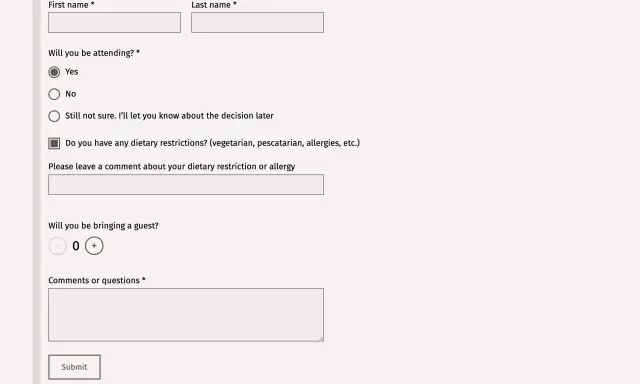 Formularz RSVP: podaj imię, nazwisko, potwierdź obecność, zaznacz ograniczenia dietetyczne i liczbę gości.
