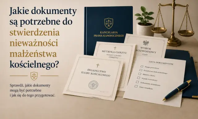 Dokumenty do stwierdzenia nieważności małżeństwa kościelnego: skarga powodowa, metryka chrztu, świadectwo ślubu.