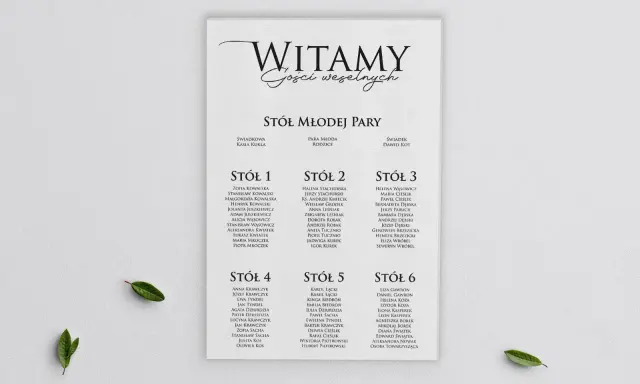 Elegancki plan stołów DIY z listą gości weselnych, podzielony na sześć stołów.