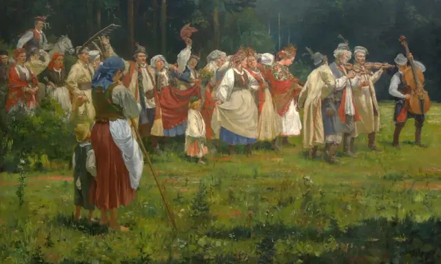 Tłum ludzi w strojach ludowych świętuje, muzycy grają, a dzieci tańczą. Obraz oddaje staropolskie zwyczaje weselne.