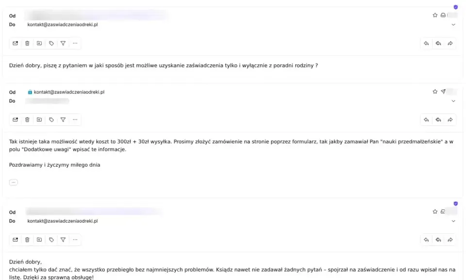 Korespondencja mailowa dotycząca zamówienia zaświadczenia z poradni rodzinnej do ślubu. Potwierdzenie możliwości uzyskania dokumentu i pozytywna opinia o sprawności obsługi.