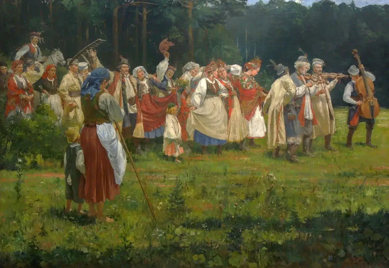 Tłum ludzi w strojach ludowych świętuje, muzycy grają, a dzieci tańczą. Obraz oddaje staropolskie zwyczaje weselne.