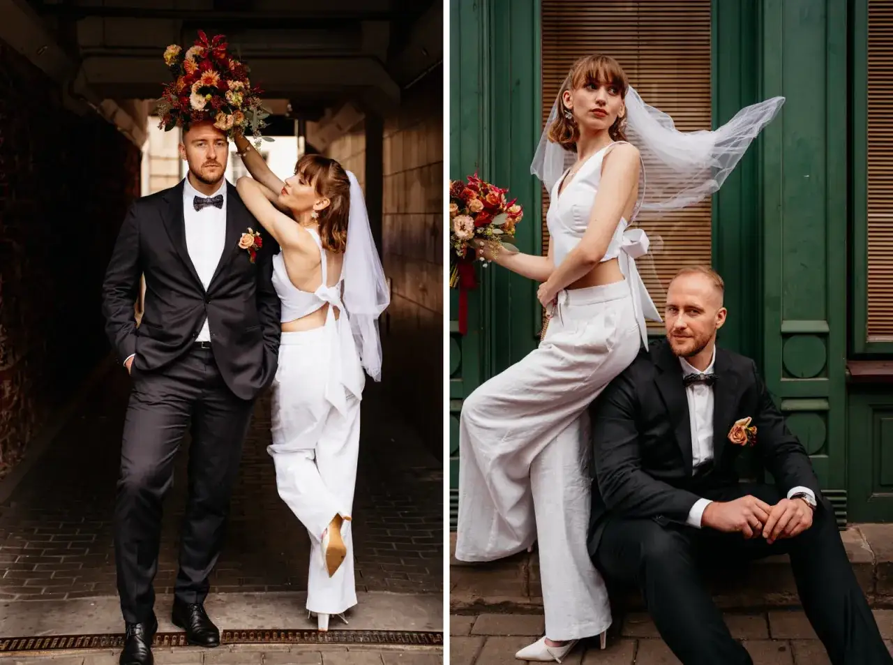 Para młoda po potajemnym ślubie cywilnym, ona w białym garniturze i welonie, on w eleganckim czarnym smokingu.