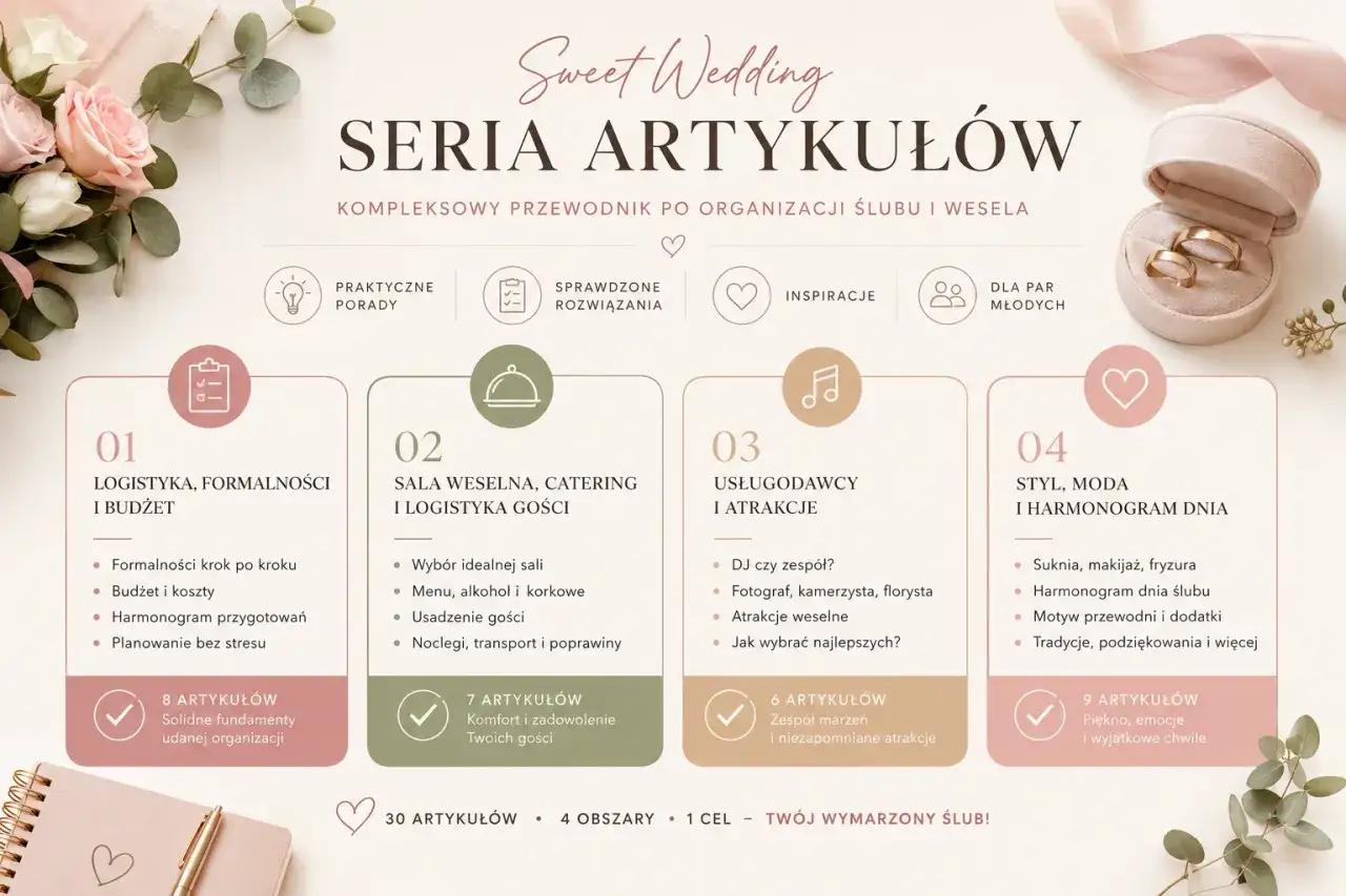 Przewodnik po organizacji ślubu i wesela: logistyka, formalności, budżet, sala, catering, goście, usługodawcy, styl i moda. Poznaj warunki ślubu kościelnego.