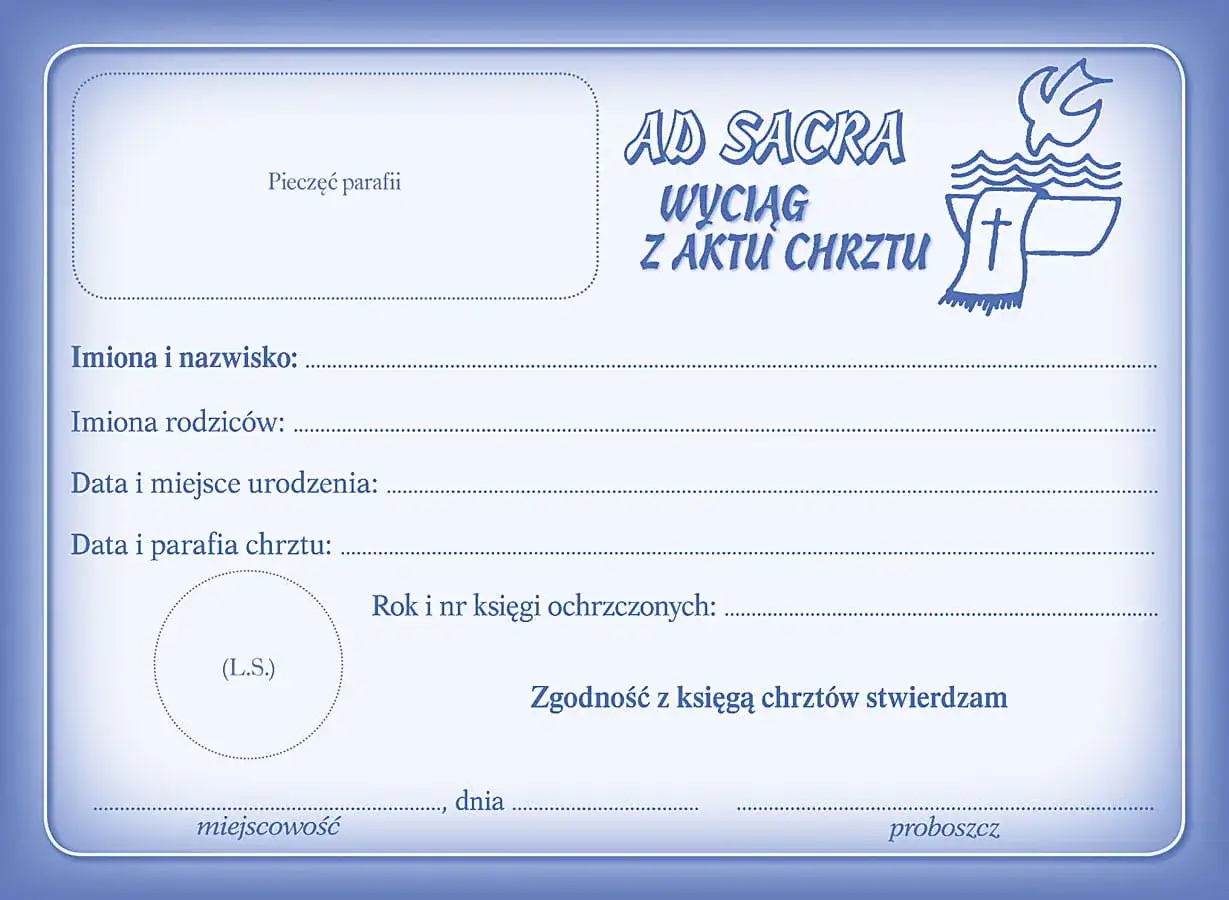 Wyciąg z aktu chrztu, niezbędny jako metryka chrztu do ślubu. Dokument zawiera dane osobowe, datę i miejsce chrztu.