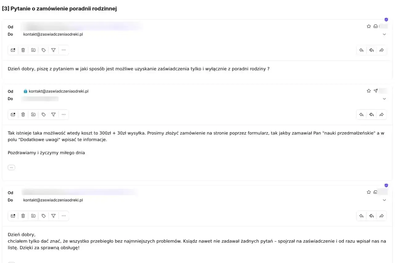 Korespondencja mailowa dotycząca zamówienia zaświadczenia z poradni rodzinnej do ślubu. Potwierdzenie otrzymania dokumentu.