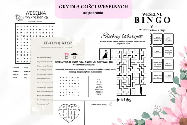 Gry weselne: wykreślanka, bingo, labirynt i pytania dla gości o parze młodej.
